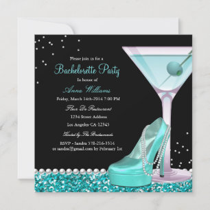 Teal Black Glitter Pearl Bachelorette Party Invite