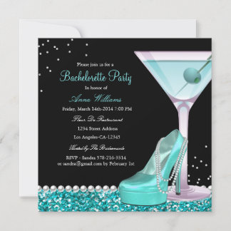 Teal Black Glitter Pearl Bachelorette Party Invite
