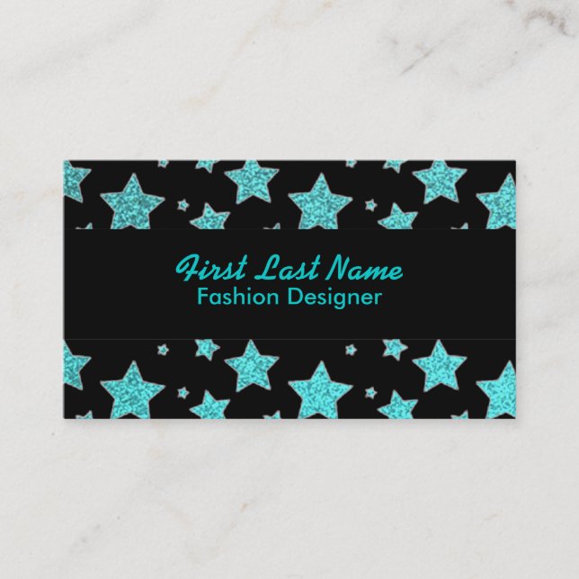 Teal black glitter stars custom business cards (Front)