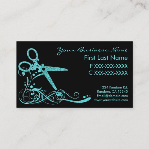 Teal black glitter swirl hair cut business cards
