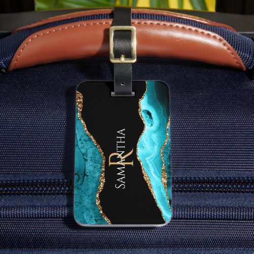 Teal Black  Gold Agate DIY Name  Monogram Vs 2 Luggage Tag