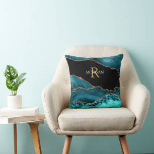 Teal Black Gold Agate, White Name Gold Monogram Throw Pillow