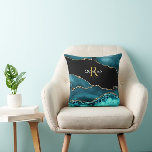 Teal Black Gold Agate White Name Gold Monogram Throw Pillow