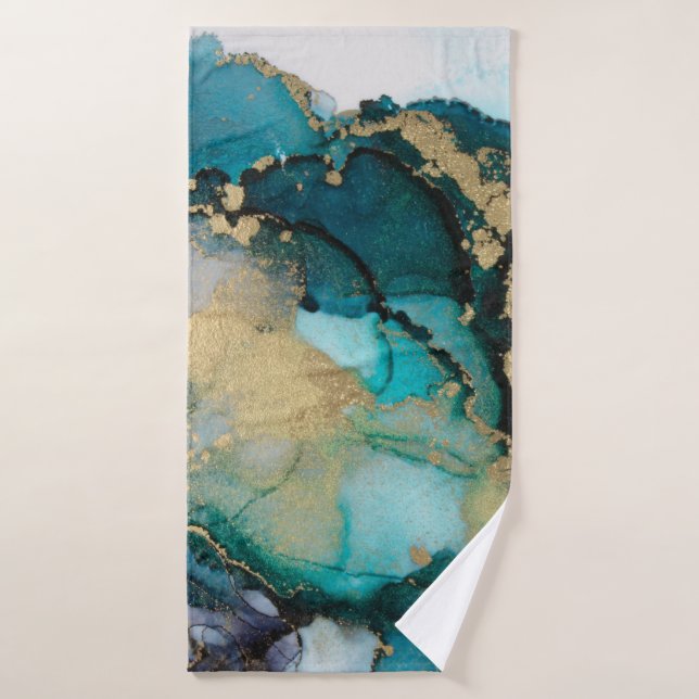 Teal Black Gold Alcohol Ink Fluid Artabstract,art, Bath Towel (Bath Towel)