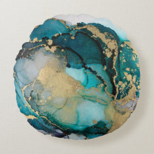 Teal Black Gold Alcohol Ink Fluid Artabstract,art, Round Pillow