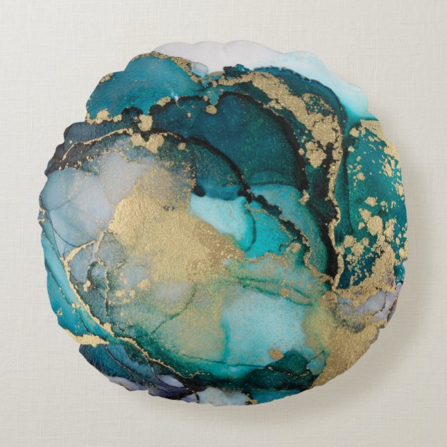Teal Black Gold Alcohol Ink Fluid Artabstract,art, Round Pillow (Front)