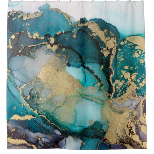 Teal Black Gold Alcohol Ink Fluid Artabstractart Shower Curtain