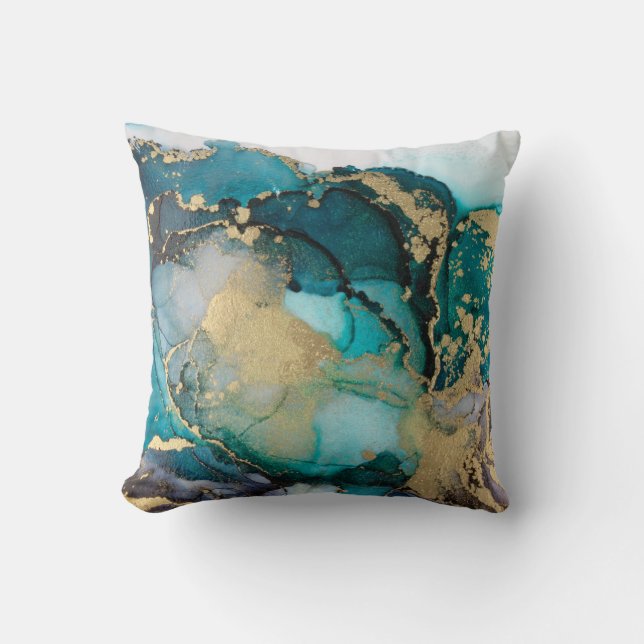 Teal Black Gold Alcohol Ink Fluid Artabstract,art, Throw Pillow (Front)