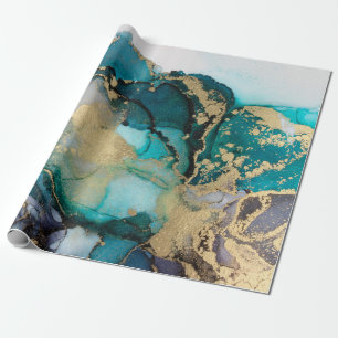Teal Black Gold Alcohol Ink Fluid Artabstract,art, Wrapping Paper