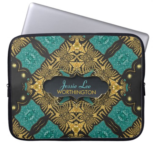 Teal  Black Gold Arabesque Tribal Laptop Sleeve