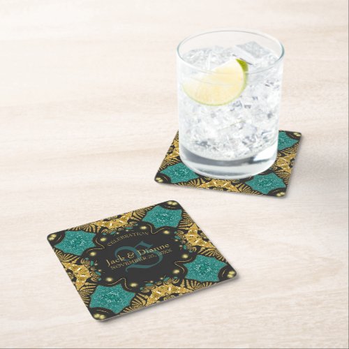 Teal Black  Gold Celebration Anniversary Square Paper Coaster