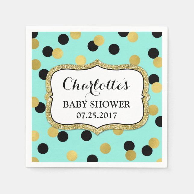 Teal Black Gold Confetti Baby Shower Napkins (Front)