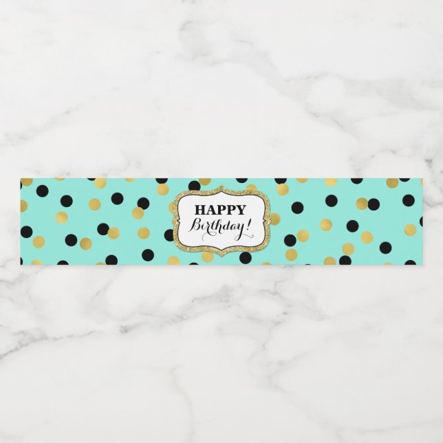 Teal Black Gold Confetti Happy Birthday! Water Bottle Label (Single Label)