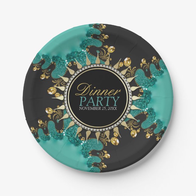 Teal Black Gold Fractal Swirl Dinner Party Invite Paper Plates (Front)