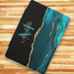 Teal Black Gold Glitter Marble Monogram Name  iPad Pro Cover