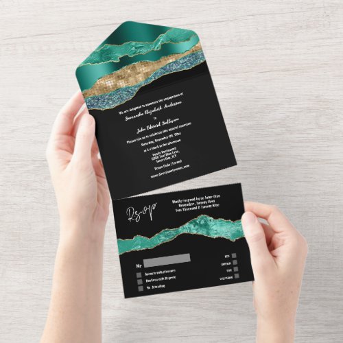 Teal black gold marble agate elegant engagement  all in one invitation