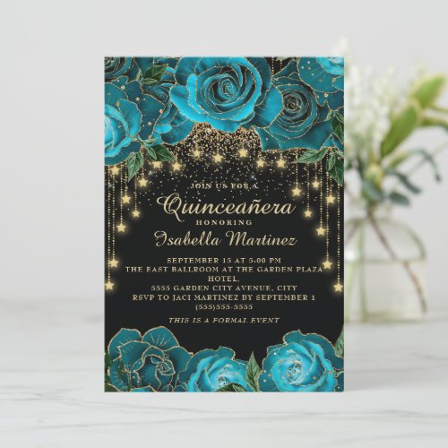 Teal Black Gold String Light Star Quinceaera   Invitation