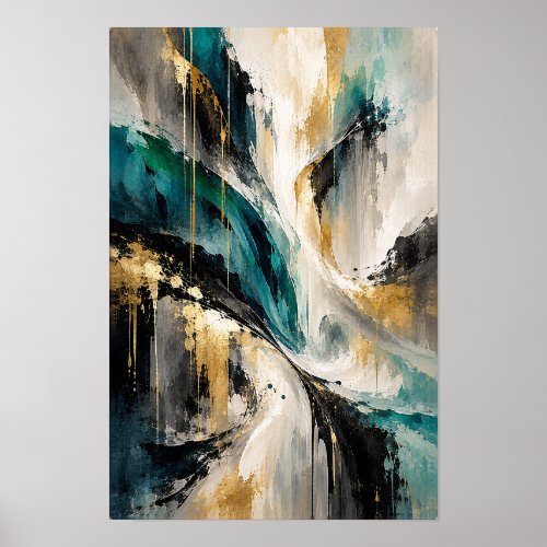 Teal Black Gold Sweeping Convergence Abstract Wall Poster
