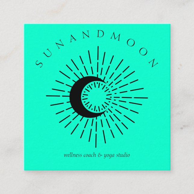 Teal Black Healing Sun Moon Spiritual Solar Square Business Card (Front)