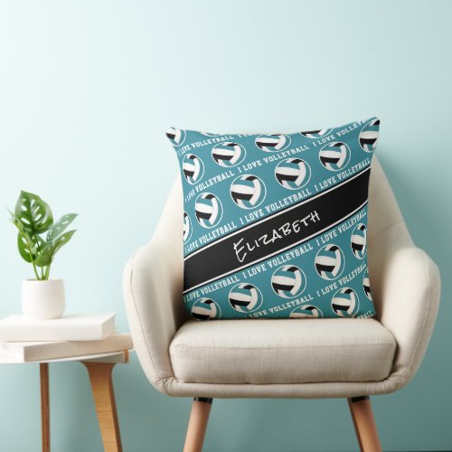 teal black I love volleyball girls sports room Throw Pillow