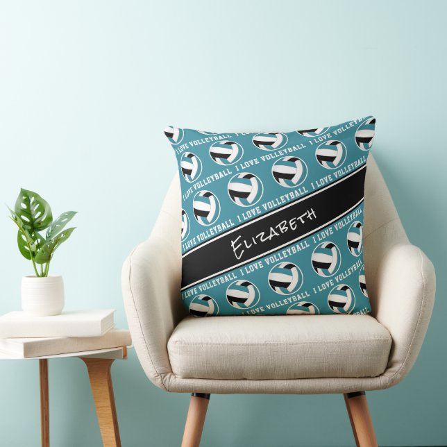 teal black "I love volleyball" girls sports room Throw Pillow (Chair)
