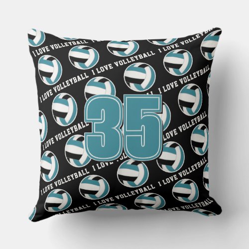 teal black  girls I love volleyball throw pillow