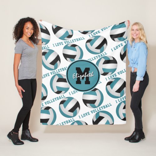 teal black I love volleyball text pattern Fleece Blanket