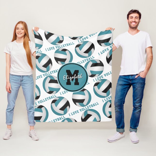 teal black I love volleyball text pattern Fleece Blanket (In Situ)