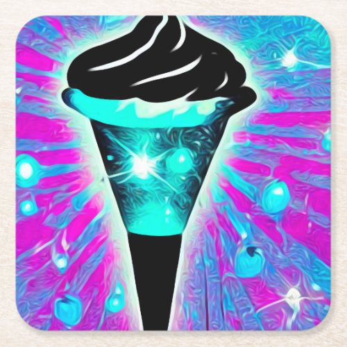 Teal  Black Ice Cream Square Paper Coaster