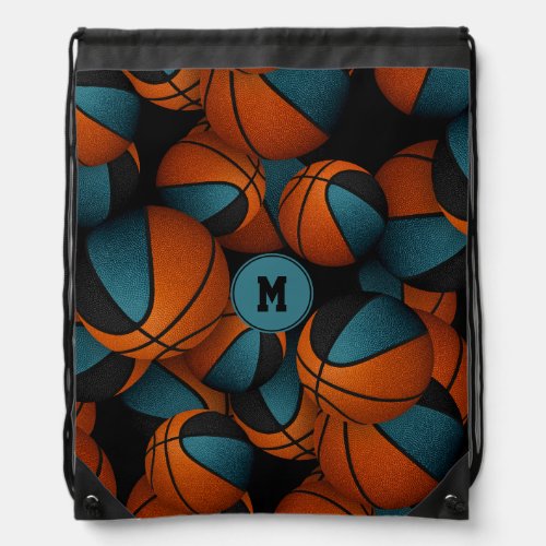 Teal black kids teens team colors basketballs drawstring bag