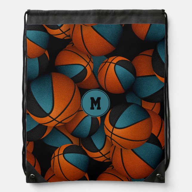 Teal black kids teens team colors basketballs drawstring bag (Front)