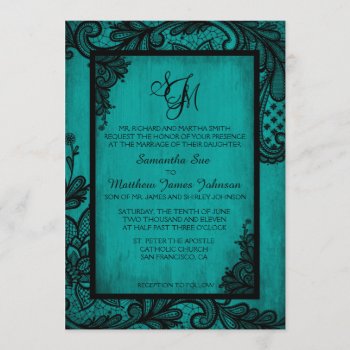 Teal Black Lace Gothic Wedding Invitation Card by NouDesigns at Zazzle
