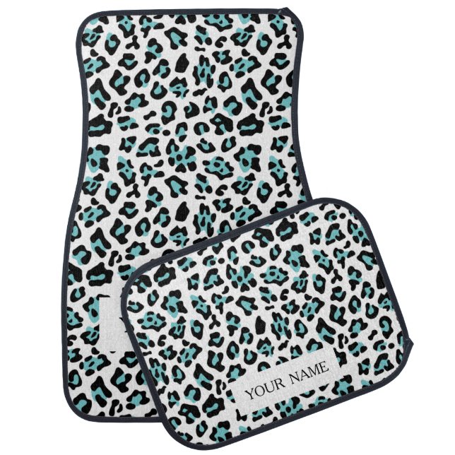 Teal Black Leopard Animal Print Pattern Car Floor Mat (Set)