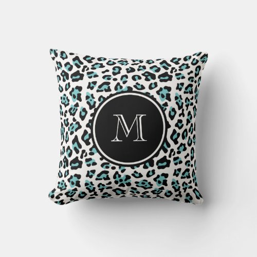 Teal Black Leopard Animal Print with Monogram Throw Pillow