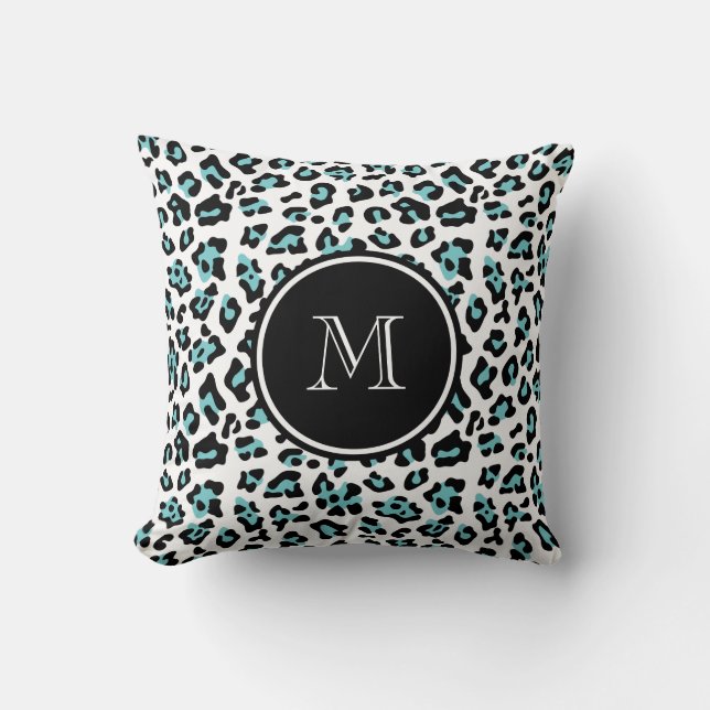 Teal Black Leopard Animal Print with Monogram Throw Pillow (Front)