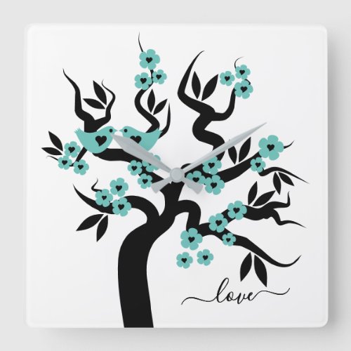 Teal black Love birds cherry tree  blossoms Square Wall Clock