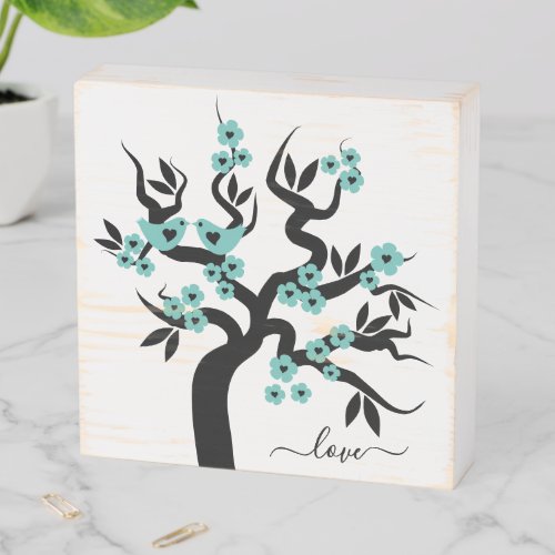 Teal black Love birds cherry tree  blossoms Wooden Box Sign