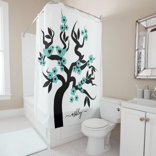 Teal black Love birds sakura cherry tree blossoms Shower Curtain