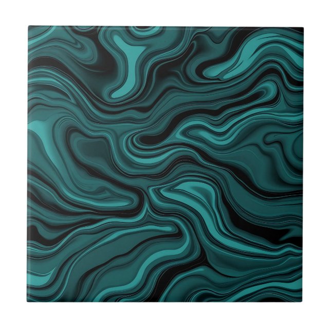 Teal Black Marble Swirl Abstract Liquid Wave  Ceramic Tile (Front)