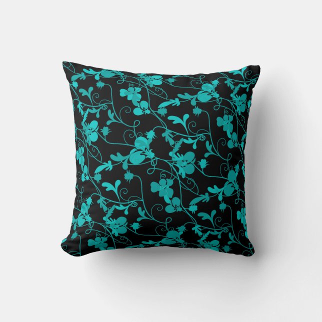 Teal & Black Modern Floral Flourish Pattern Throw Pillow (Front)