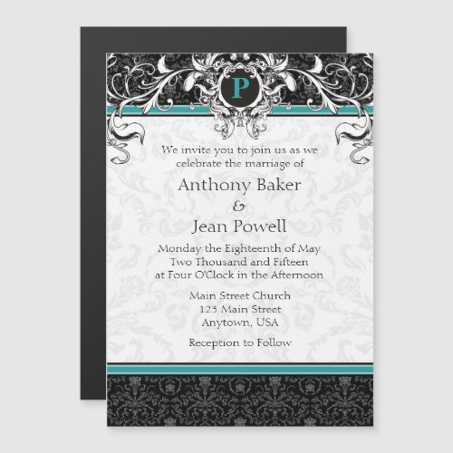 Teal Black Monogram Magnetic Wedding Invitation