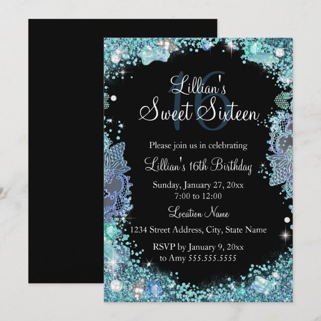 Teal Black Ocean Jewel Sweet 16 Birthday Invite (Front/Back)