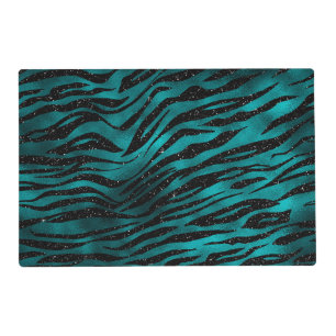 Teal & Black Ombre Glam Glitter Tiger Stripes Placemat