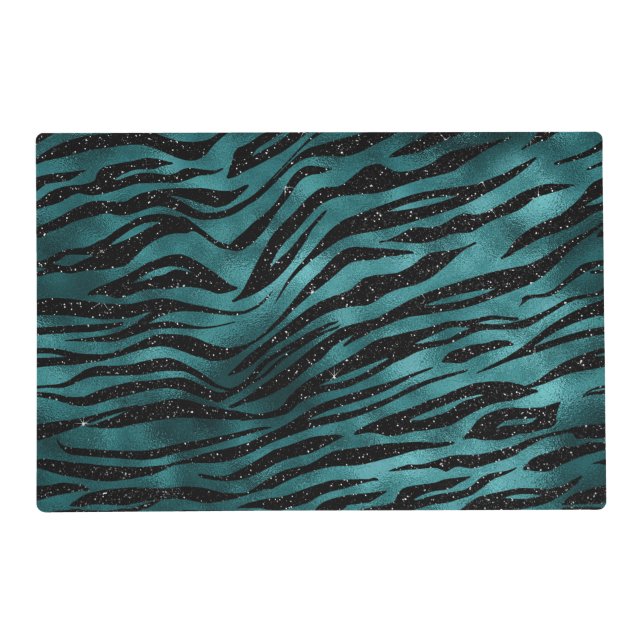 Teal & Black Ombre Glam Glitter Tiger Stripes Placemat (Front)