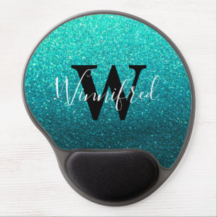 Teal Black Ombre Glitter Elegant Monogram Name Gel Mouse Pad