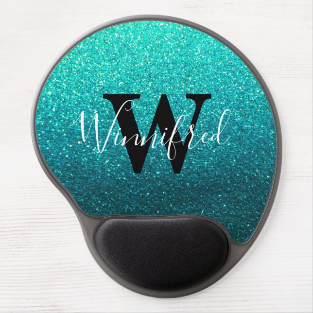 Teal Black Ombre Glitter Elegant Monogram Name Gel Mouse Pad (Front)