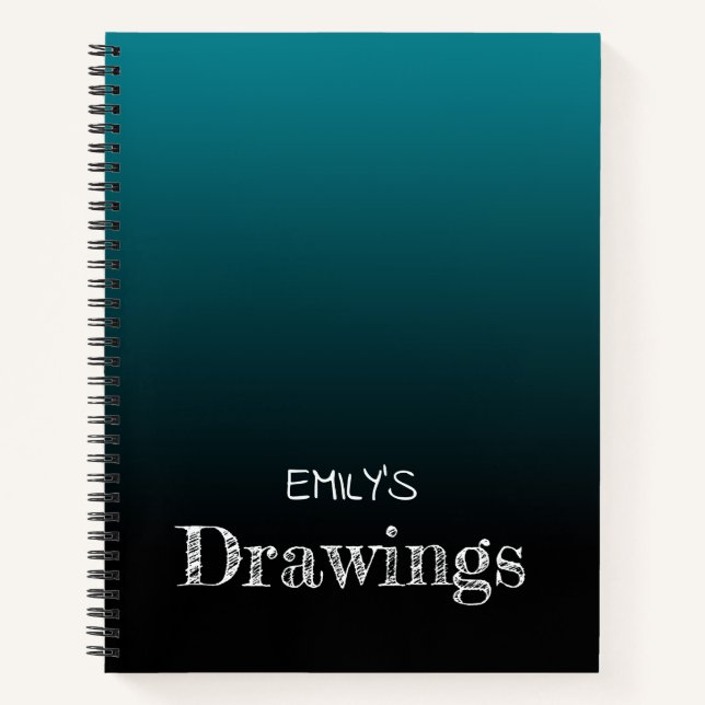 Teal Black Ombre Personalized Drawing Notebook (Front)