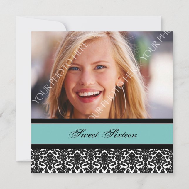 Teal Black Photo 16th Birthday Party Invitations (Front)