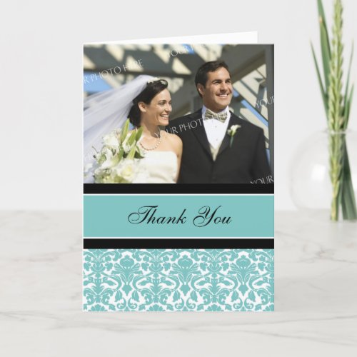 Teal Black Photo Wedding Thank You Card