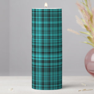 Teal Black Plaid Pattern Pillar Candle